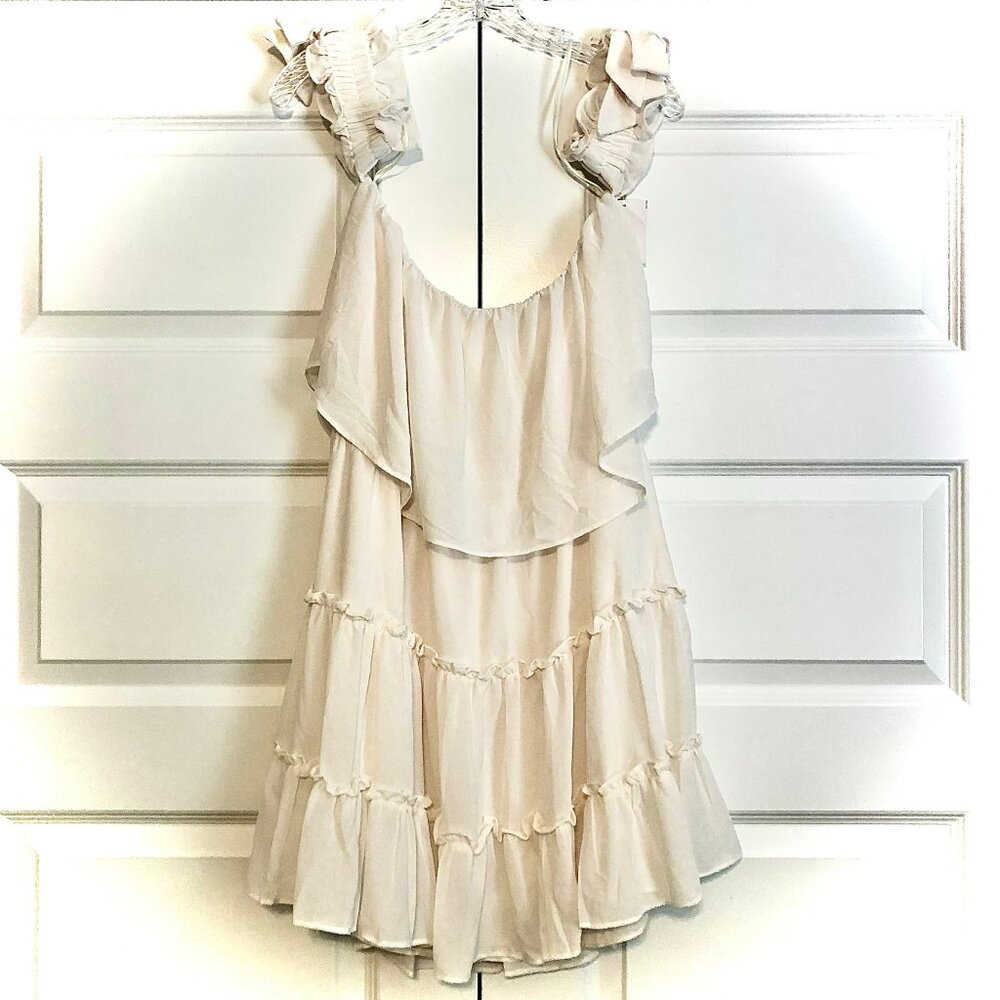 MABEL by ANTHROPOLOGIE Rayna Boho Off Shoulder Tiered Mini Sundress Cream L - Picture 4 of 6